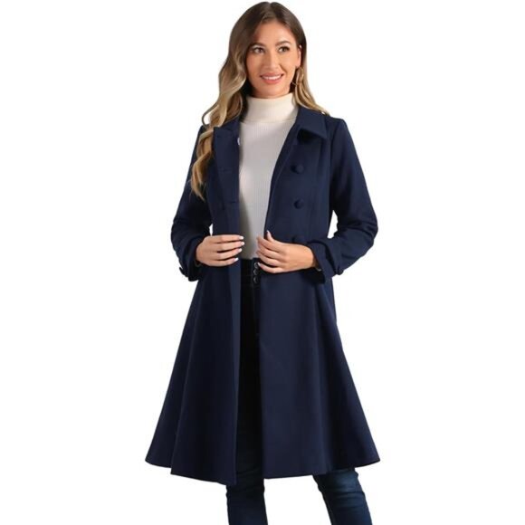 Women's Winter Coat Overcoat Lapel Collar Long Swing A Line Blue - Picture 1 of 5